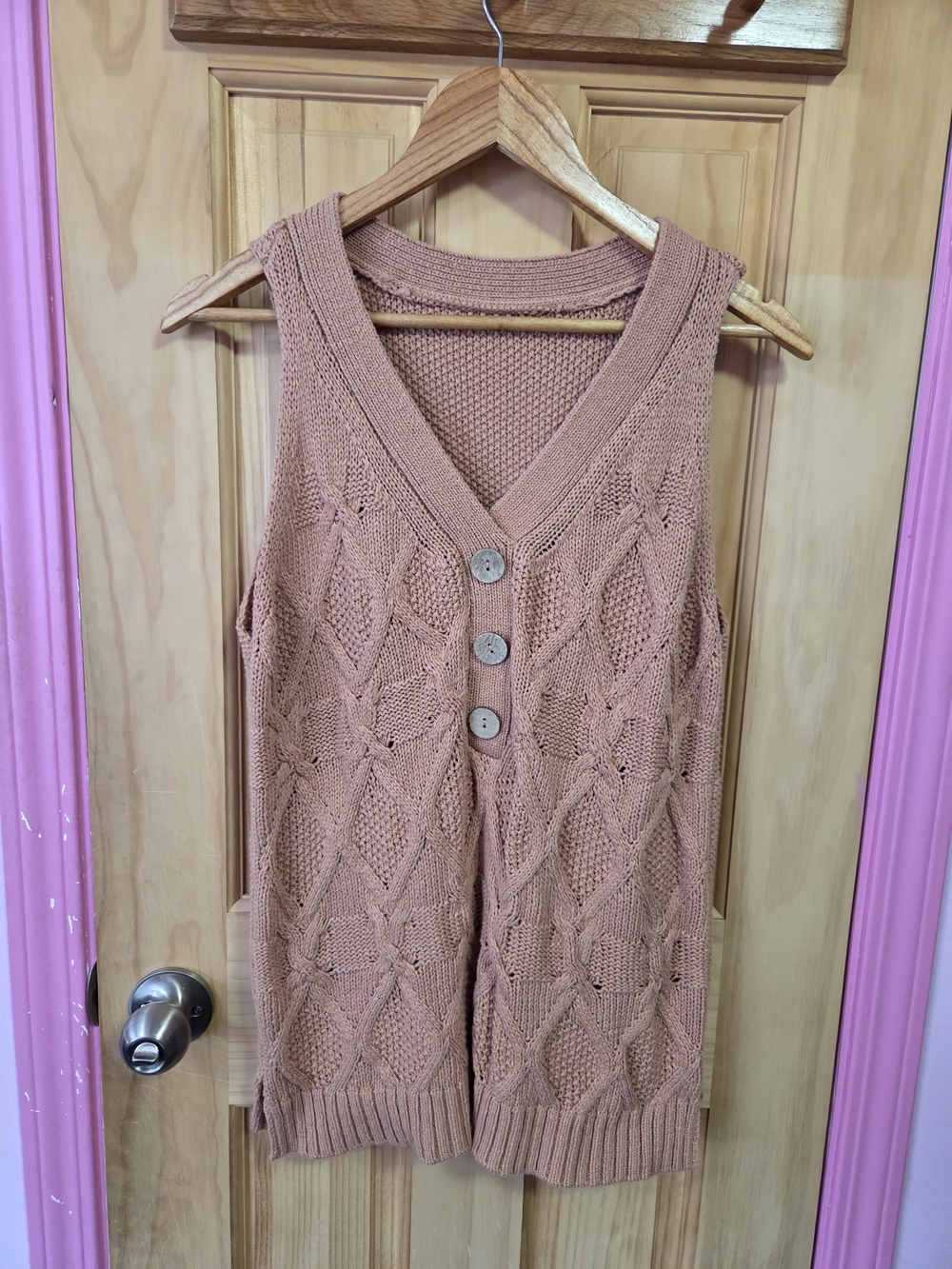 Knit Button-Front Sleeveless Sweater Vest in Dusty Rose